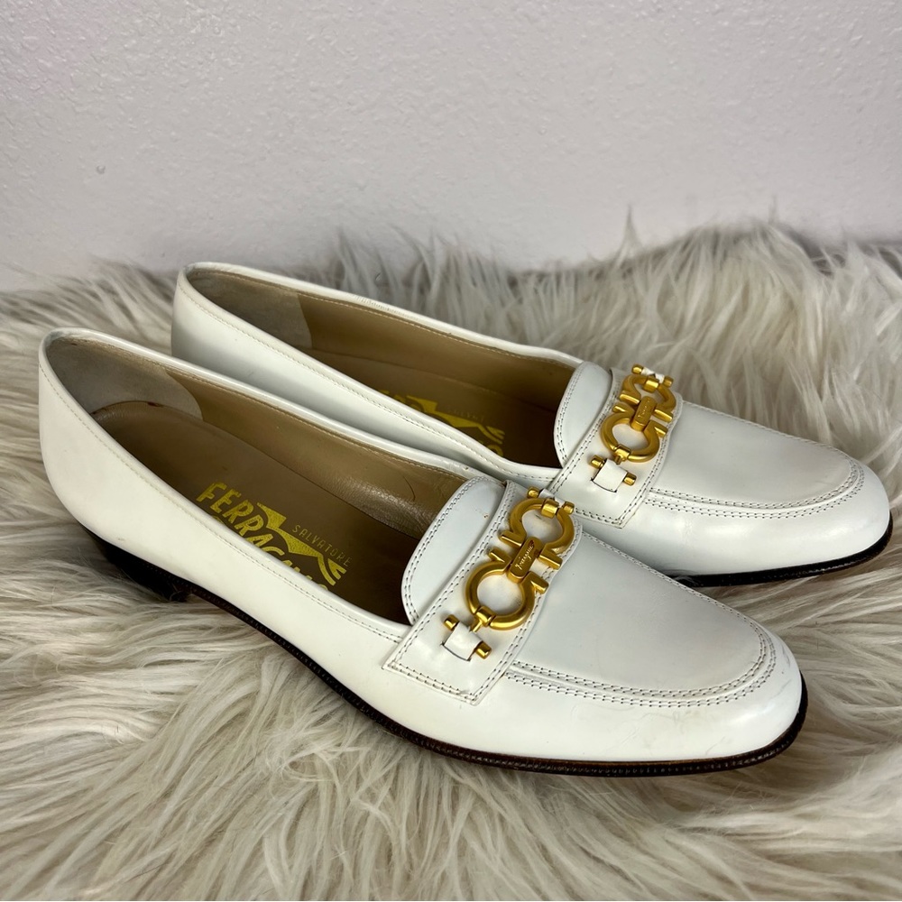 Salvatore Ferragamo White Leather Loafers with Gold Hardware